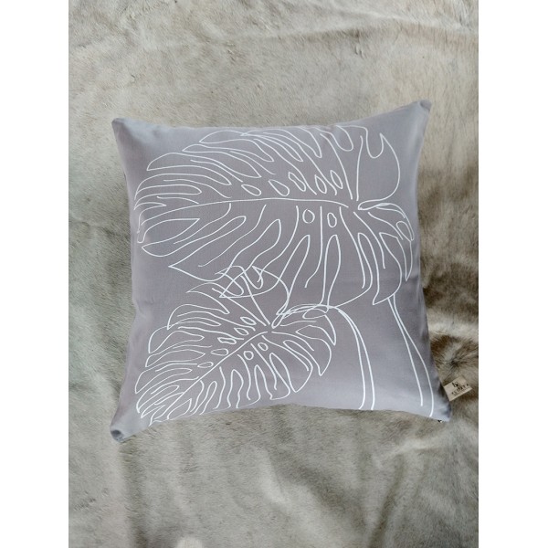 COJÍN MONSTERA GRIS LÍNEA BLANCA