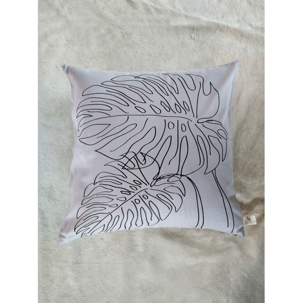 COJÍN MONSTERA GRIS LÍNEA NEGRA